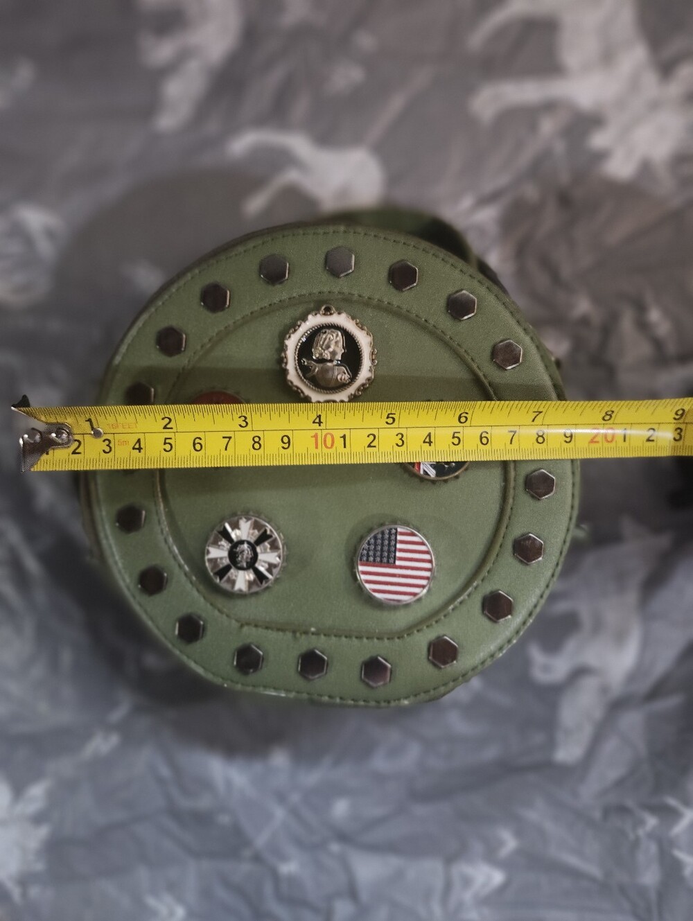 Round Olive Green Studded Crossbody with Badge Accents - Picture 2 of 4